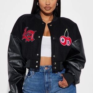 Fashion Nova Black Varsity Jacket with Cherry Embroidery